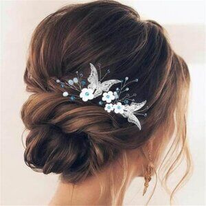 Bride Wedding Flower Hair Pins Butterfly Bridal Hair Piece Blue Beads